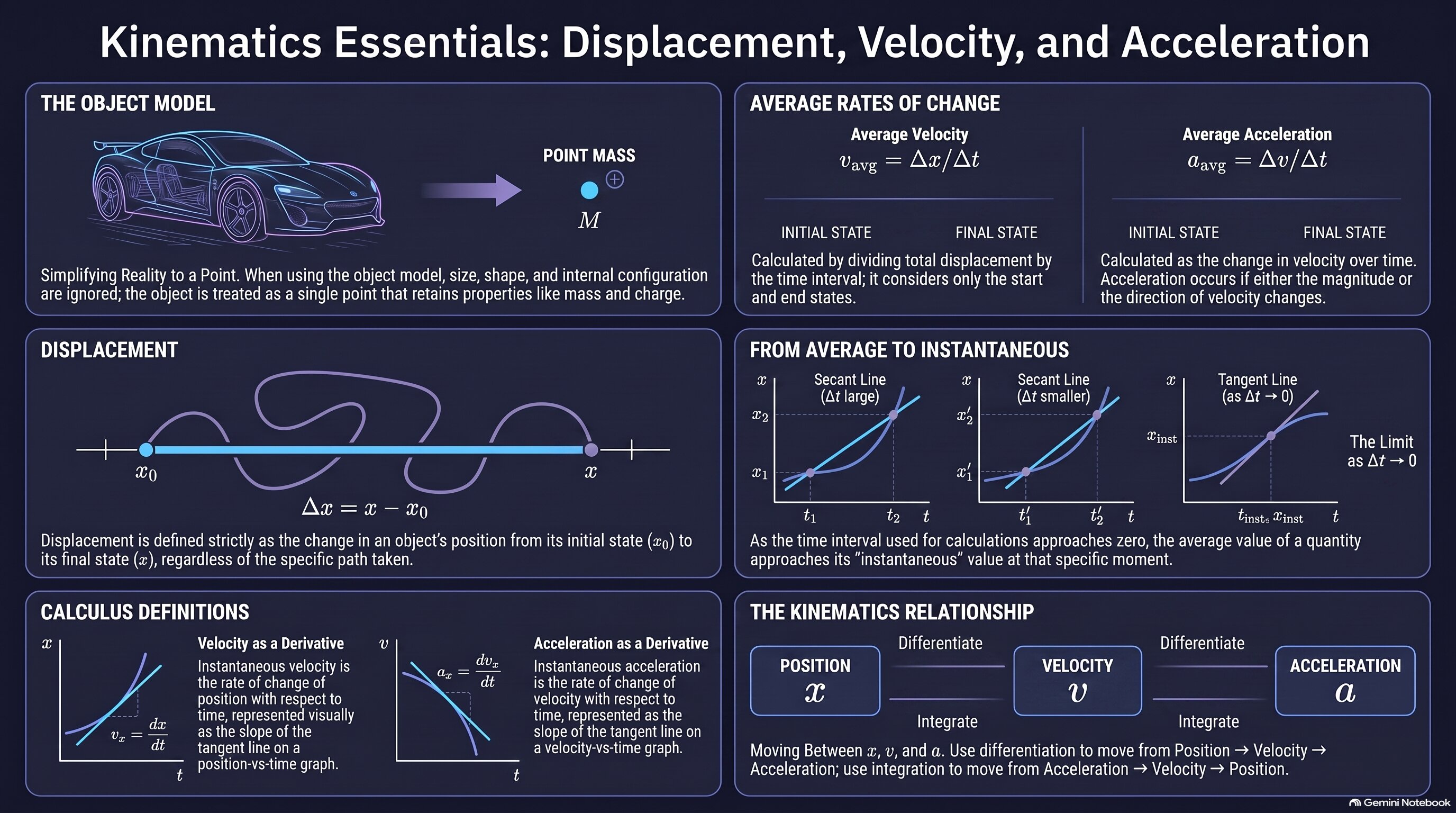 Displacement, Velocity, and Acceleration infographic