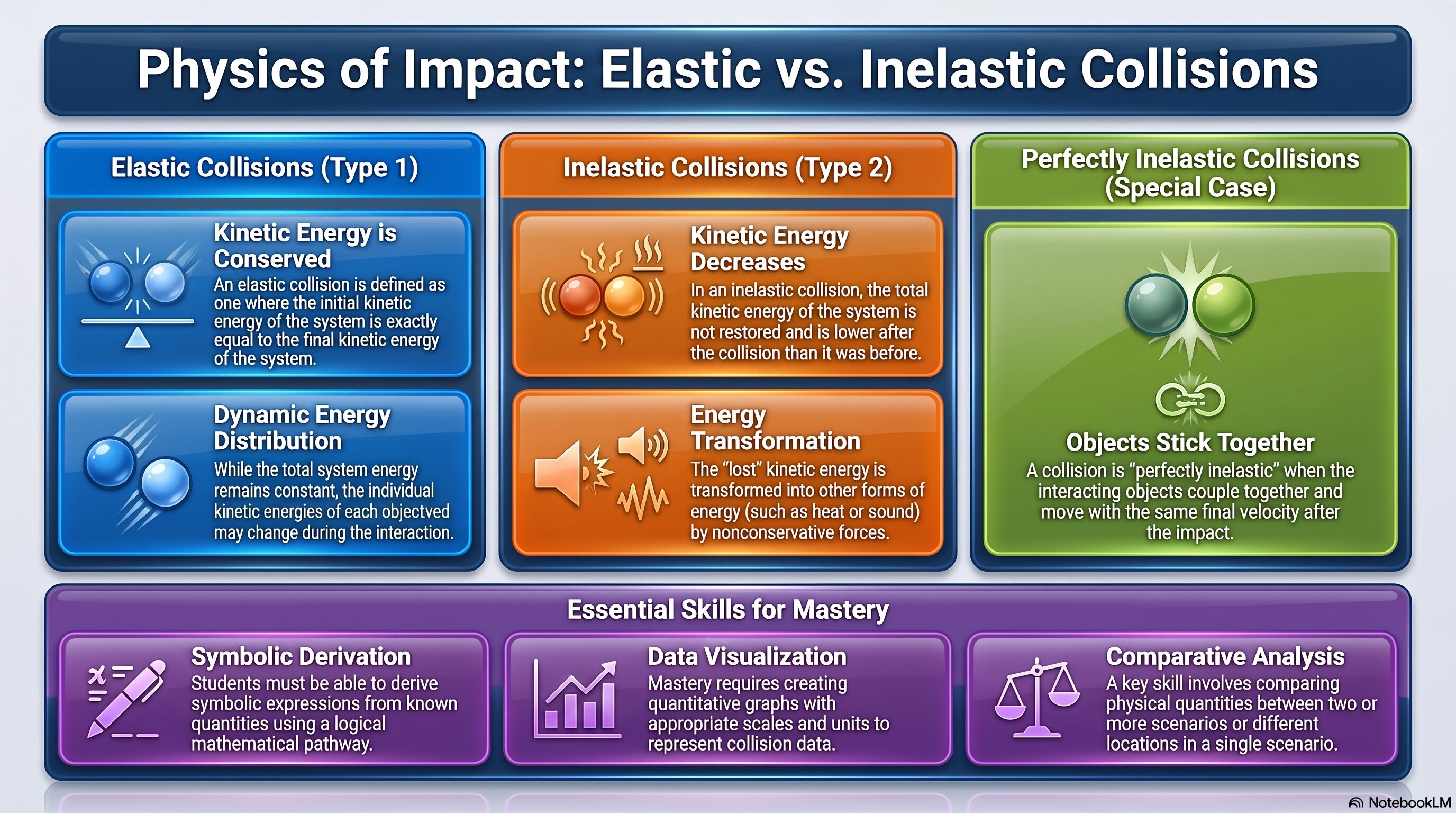 Physics of Impact: Elastic vs. Inelastic Collisions infographic