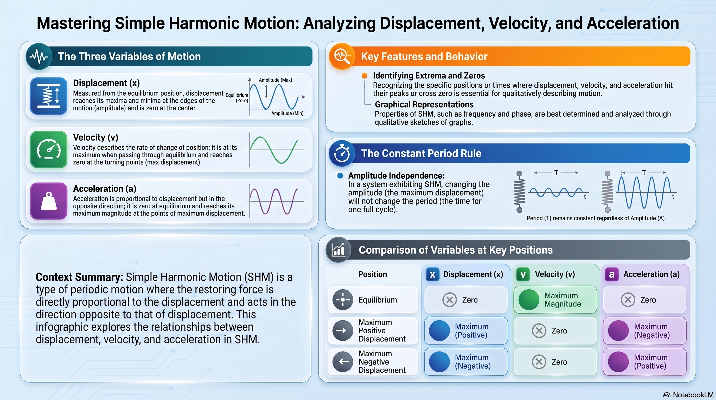 Mastering Simple Harmonic Motion: Analyzing Displacement, Velocity, and Acceleration infographic