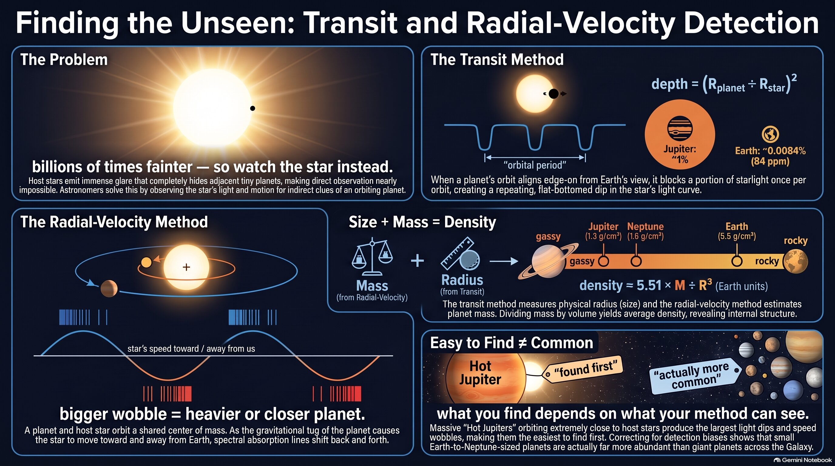 Exoplanet detection infographic — transit light curves, radial-velocity wobbles, and planet density