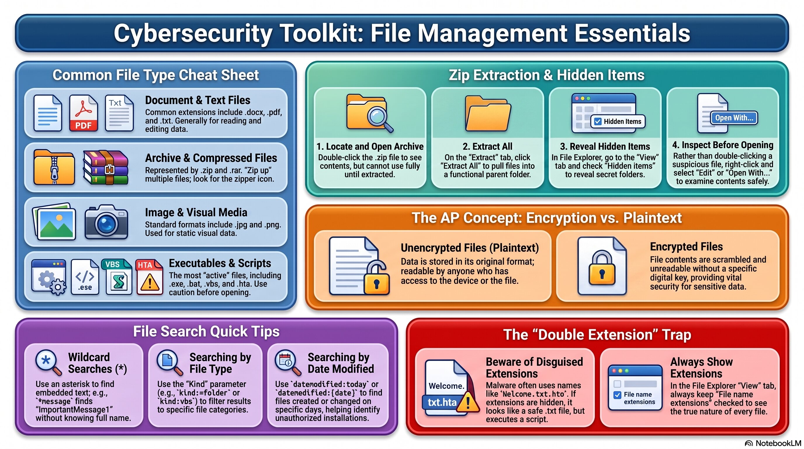 File Management: Extensions, Extraction, and Encryption infographic